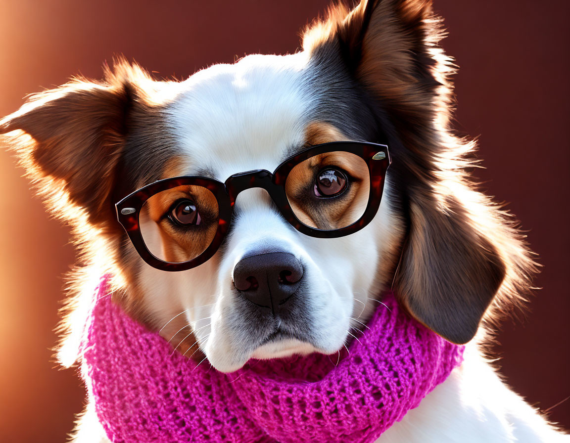 Black-Rimmed Glasses Dog with Pink Scarf in Warm Background