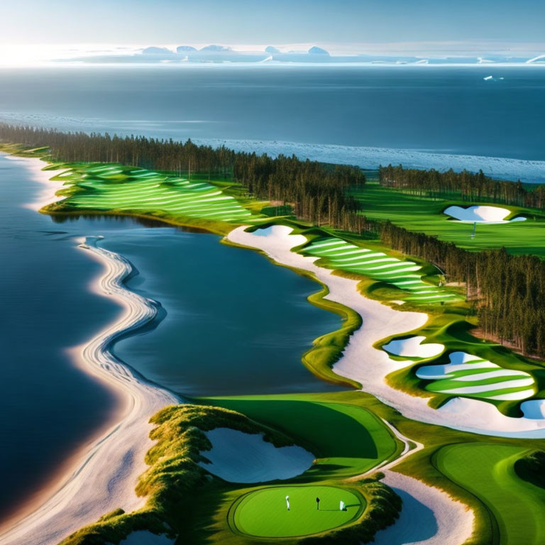 Scenic coastal golf course with green fairways, bunkers, water hazards, forest, and ocean