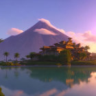 Traditional Asian architecture by calm lake with snow-capped mountain at sunrise or sunset