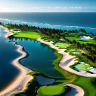 Scenic coastal golf course with green fairways, bunkers, water hazards, forest, and ocean