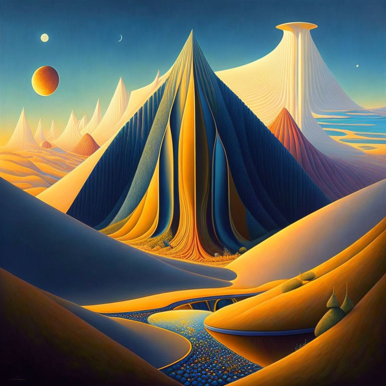 Surreal landscape with flowing peaks, river, sun, and moon