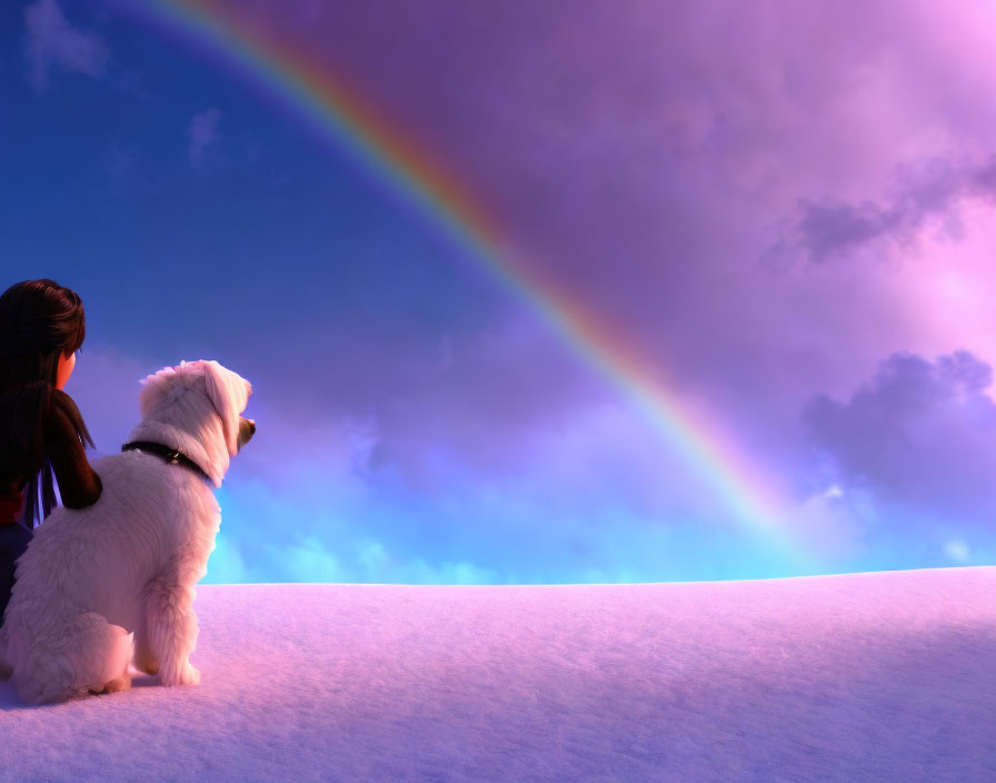 Girl and dog admire rainbow in snowy landscape