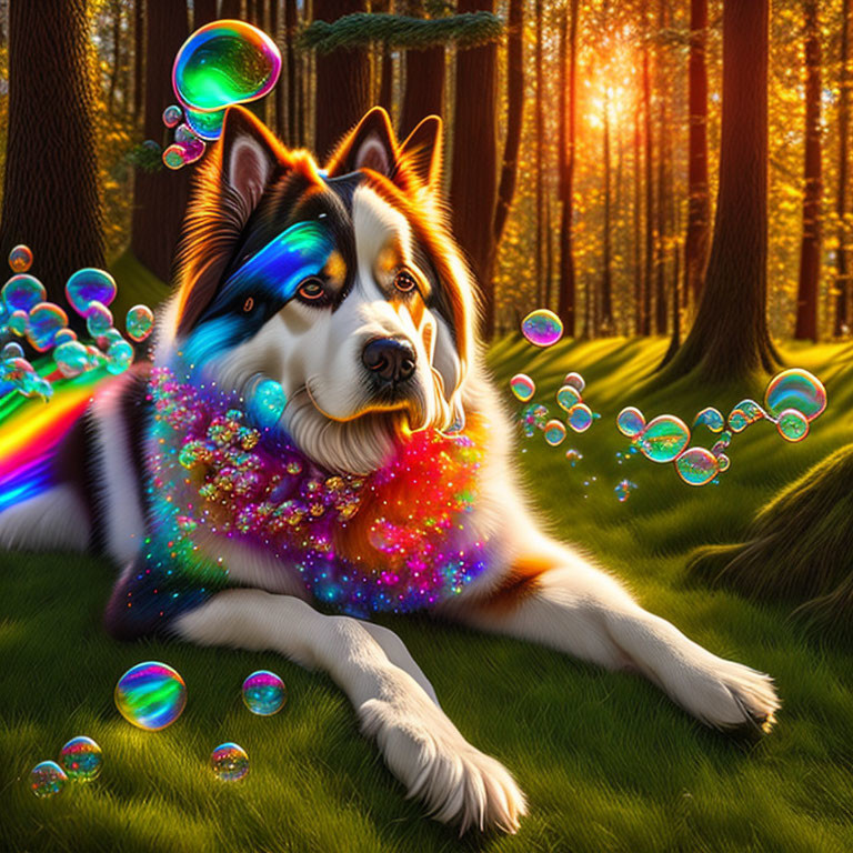 Colorful Dog with Galaxy Fur in Forest Setting with Soap Bubbles