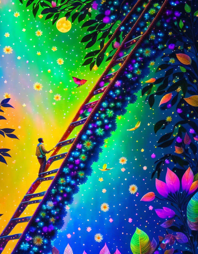 Person ascending cosmic stairway surrounded by stars, flora, and colorful sky.