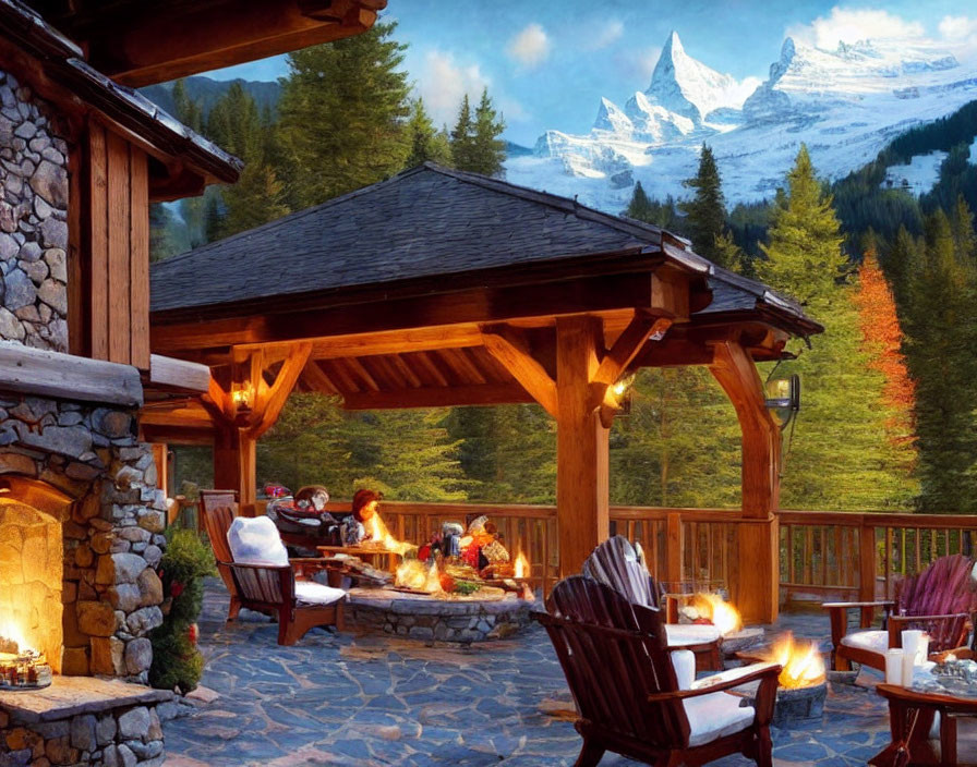 Mountain lodge patio with fire pit, comfy seating, snow-capped peaks view
