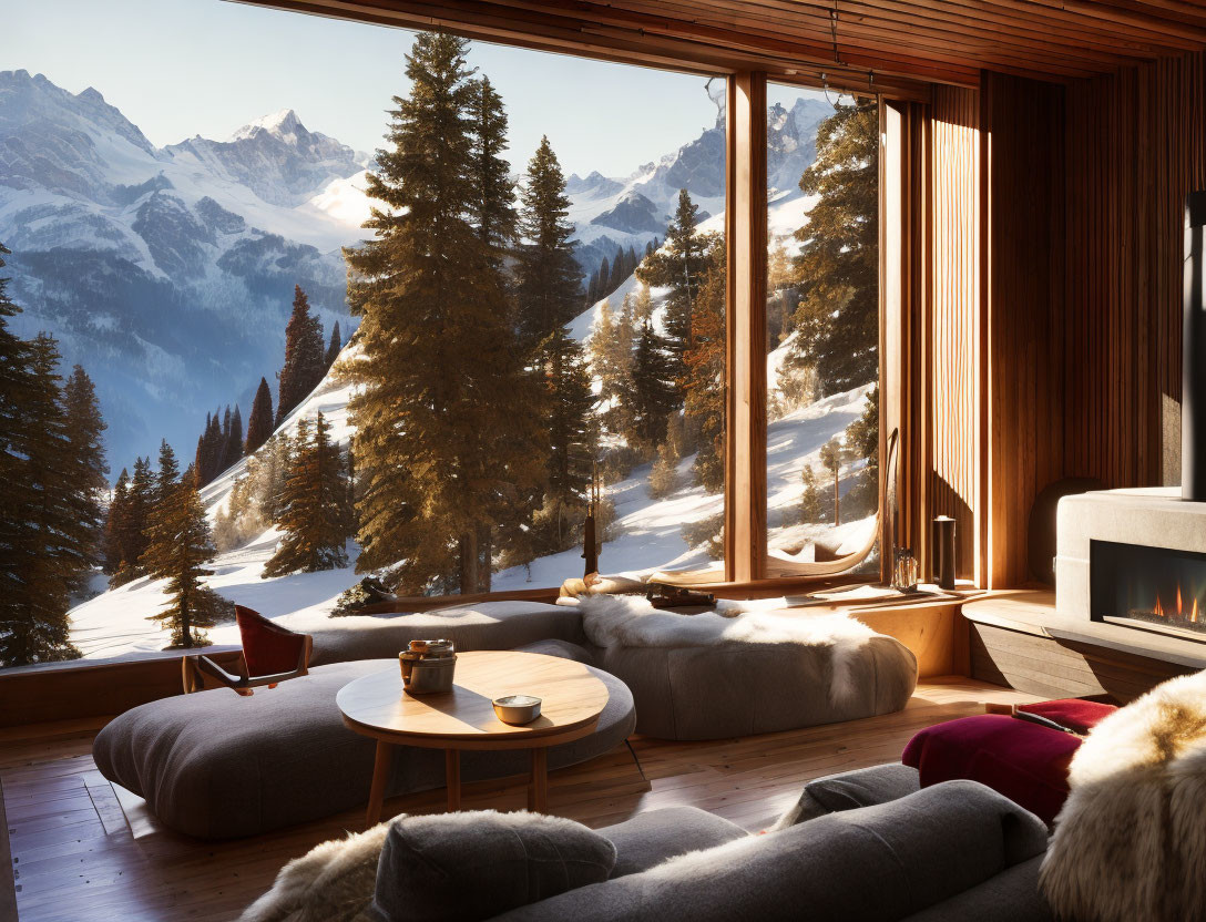 Warm Wooden Interior with Snowy Mountain View & Cozy Furnishings