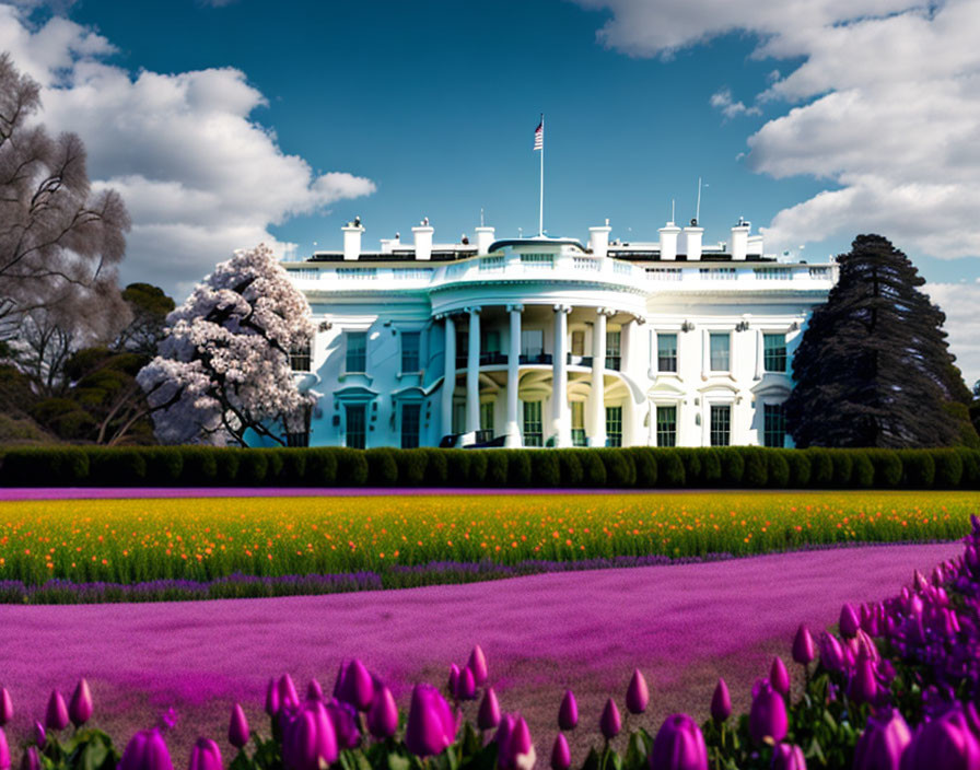 Spring scene at White House with purple and pink tulips, white trees, and blue sky.