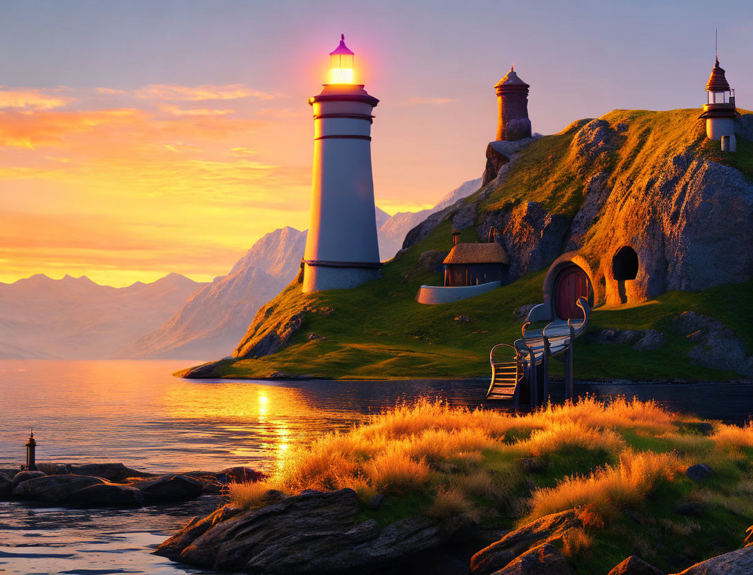 Tranquil sunset over lighthouse on grassy cliff by calm sea