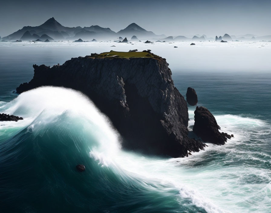 Coastal scene with large wave crashing on rocky cliff under hazy sky