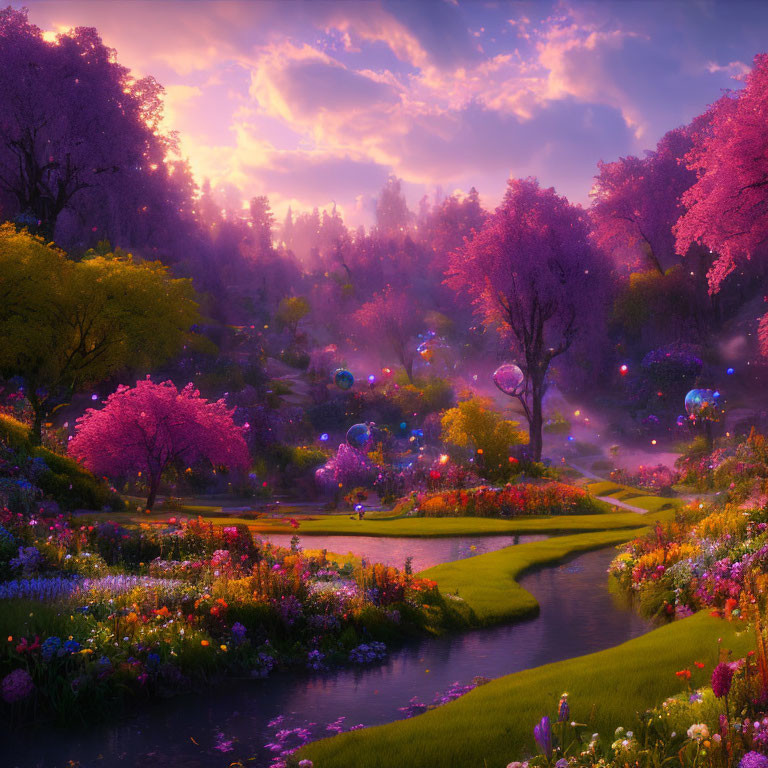 Pink Trees, Winding River, Glowing Orbs: Fantasy Garden Sunset Scene