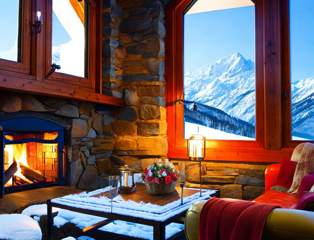 Snowy Mountain Cabin Interior with Fireplace and Snowy View