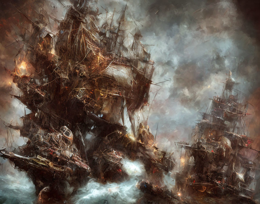 Damaged ships adrift in stormy seas with broken masts and fire.