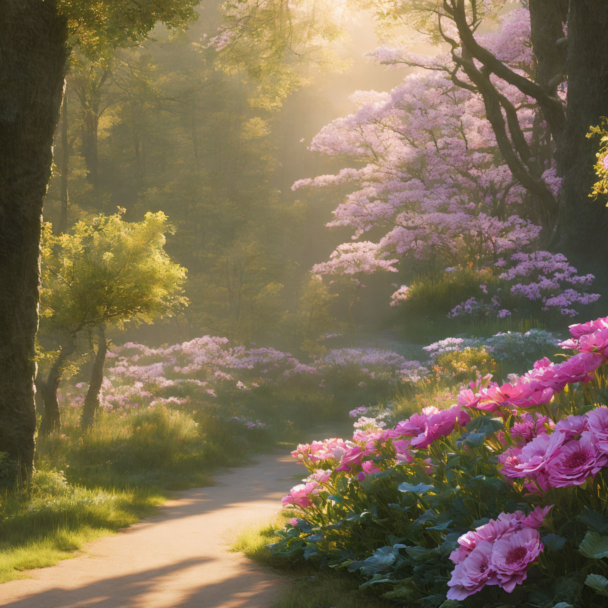 Tranquil Path with Green Trees and Pink Flowers at Dawn