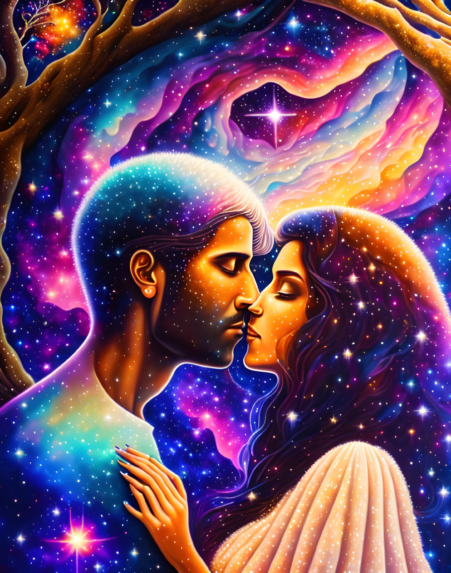 Colorful embrace of man and woman in cosmic scene