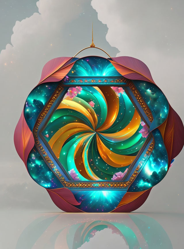 Celestial-themed 3D geometric art with galaxy swirls and floral motifs