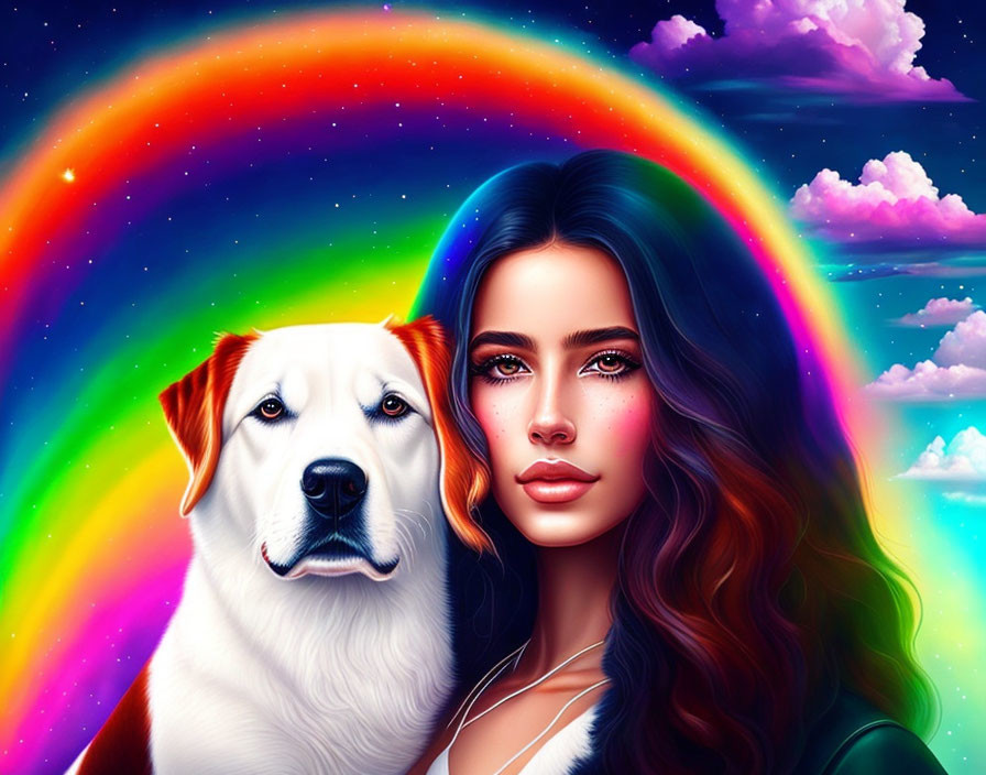 Colorful Hair Woman and Dog Under Vibrant Rainbow in Dreamy Clouds
