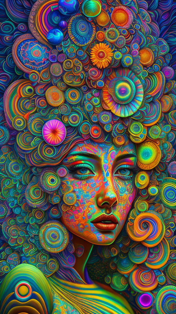 Colorful digital portrait of a woman with psychedelic patterns and floral hair designs