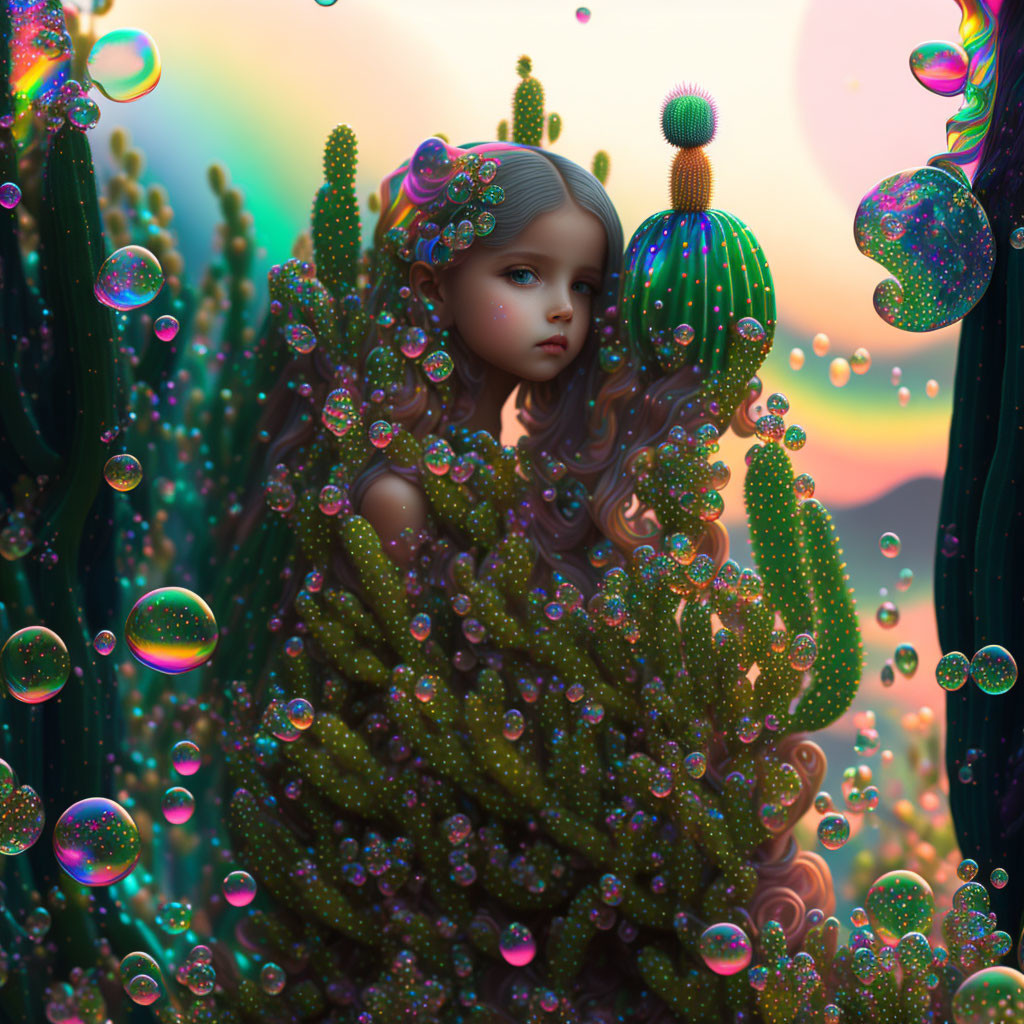 Girl with Flowing Hair in Surreal Cactus Landscape at Sunset