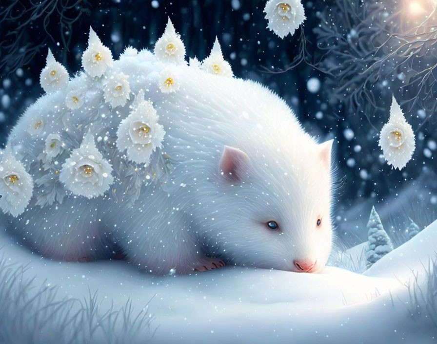 A White hobbit full of white flowers in a snow  