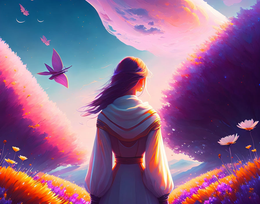 Woman observing vibrant fantasy landscape with purple flora and floating islands