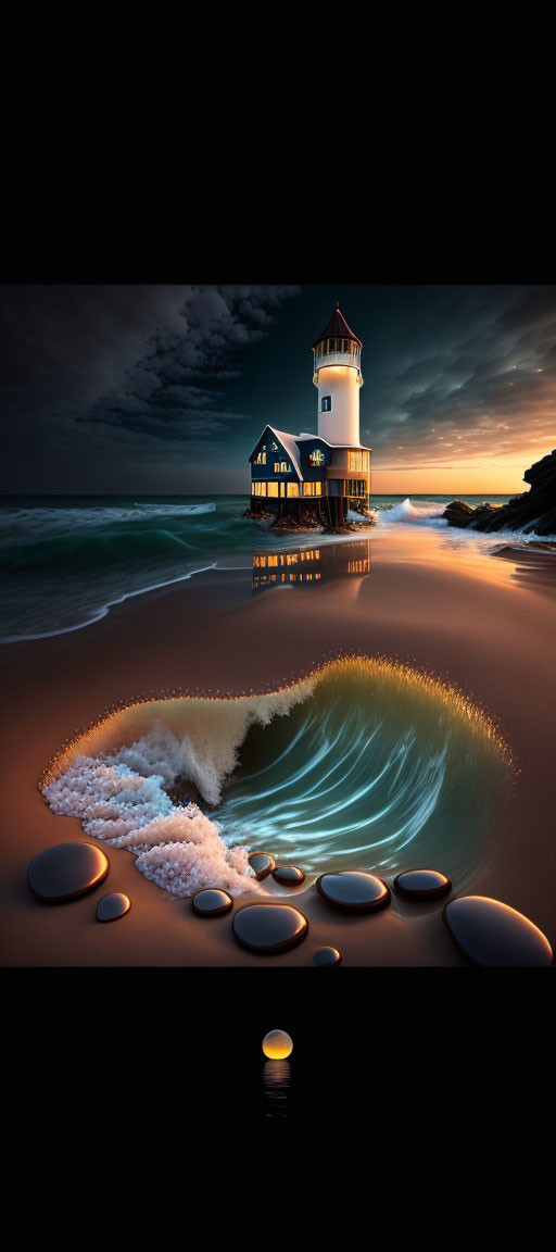 Tranquil landscape: lighthouse, beach, pebbles, tide pool, twilight sky