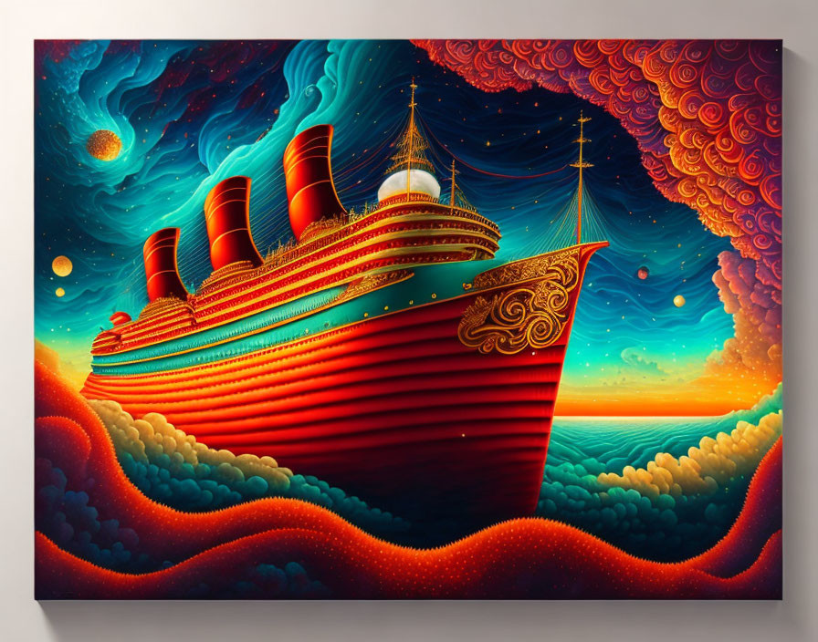 Colorful painting of large red ship on stylized waves with swirling sky