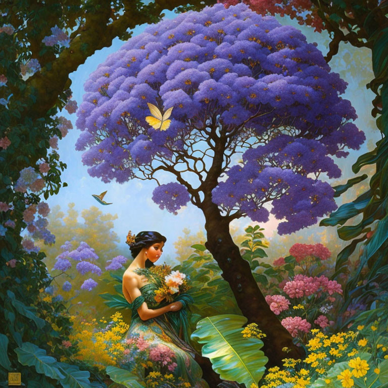 Illustration of woman under purple flowering tree with yellow butterfly.