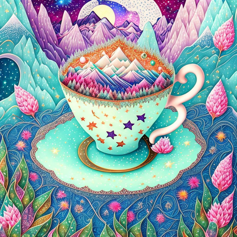 Vibrant landscape inside a whimsical cup illustration