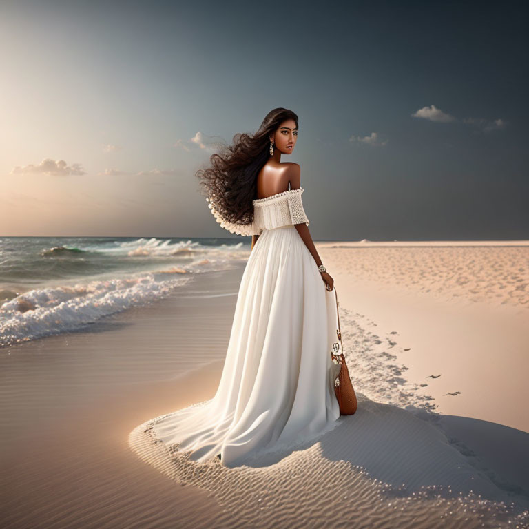 Woman in White Dress on Beach at Sunset with Flowing Hair and Bag