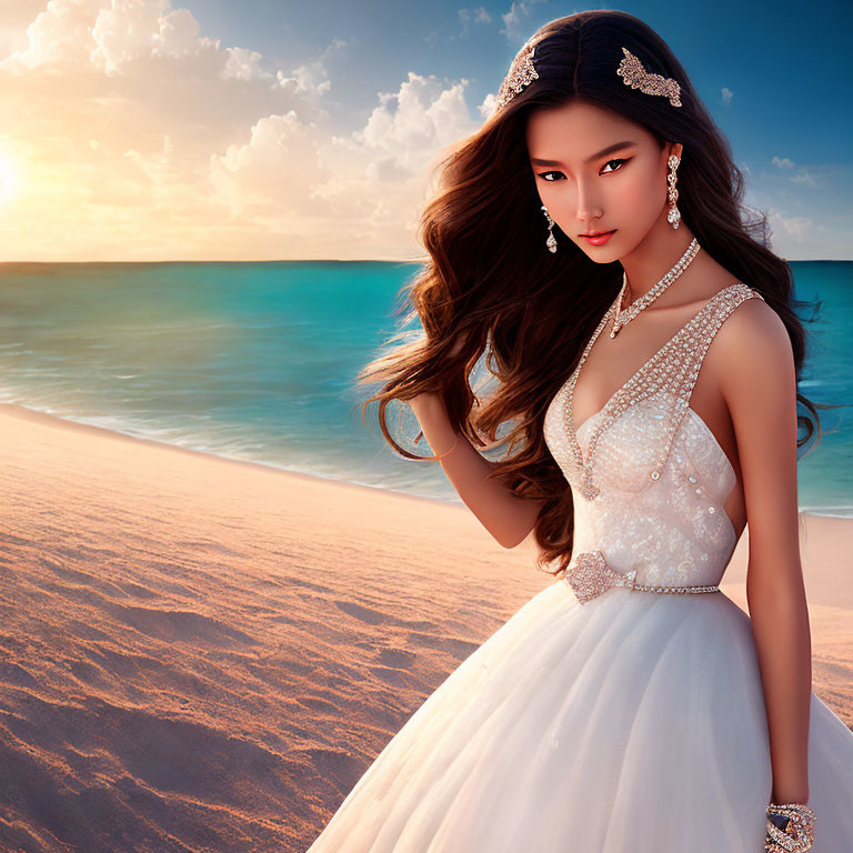 Woman in White Gown with Sparkling Accessories on Beach at Sunset