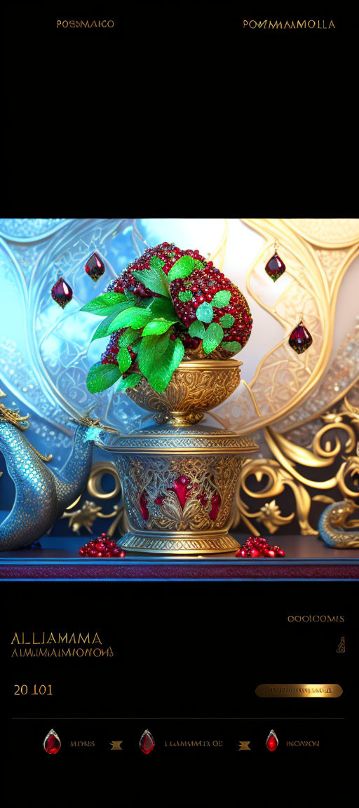 Ornate golden pot with red and green plant on blue background