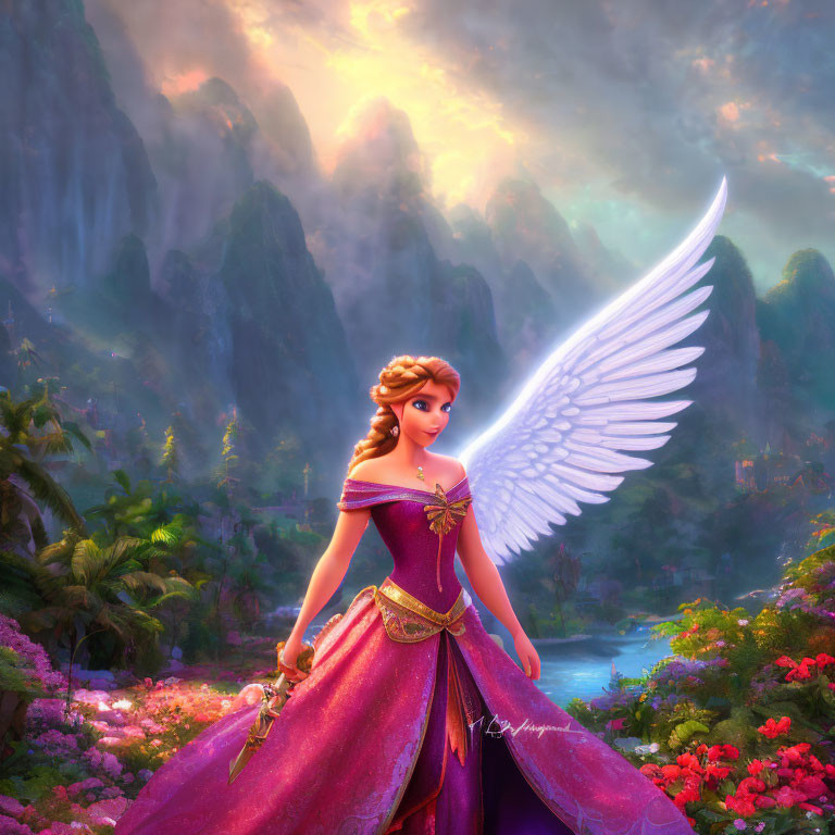 Animated character with angelic wing in fantasy landscape.