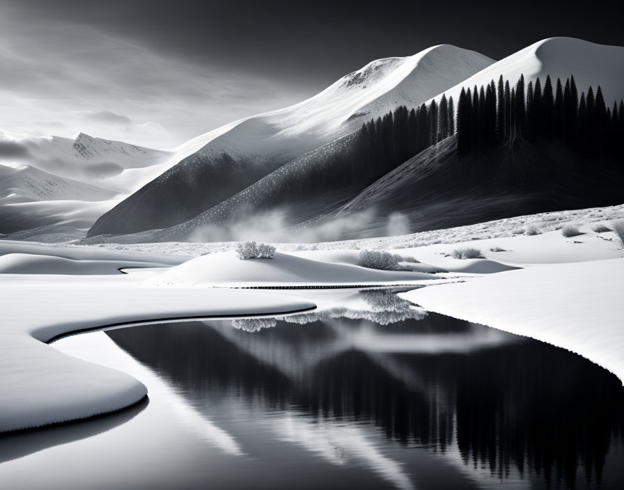 Serene monochrome snow-covered landscape with hills, river, trees