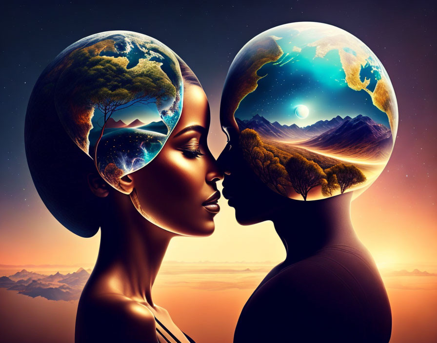 Earth-themed heads in surreal cosmic connection at sunset