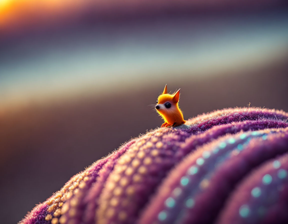 Orange squirrel peeking over purple surface at sunset