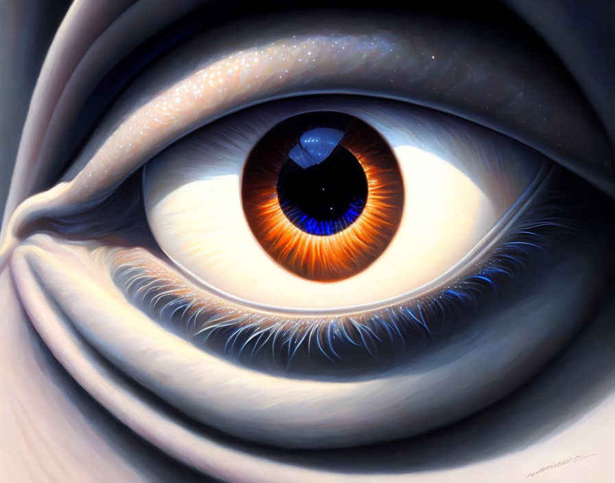 Detailed human eye with orange iris and prominent eyelashes