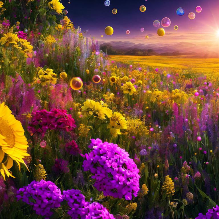 Colorful Flowers Field Under Sunset Sky with Iridescent Bubbles