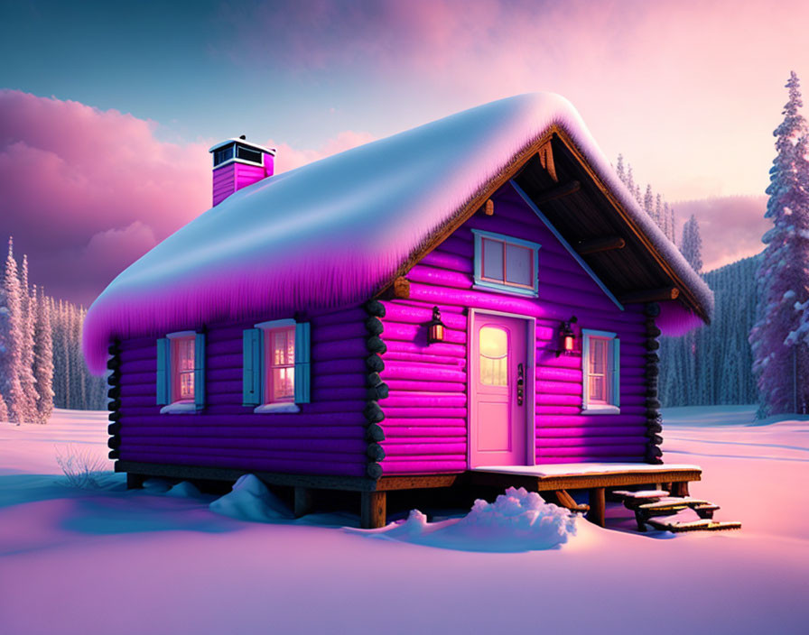 Pink cabin in a snow