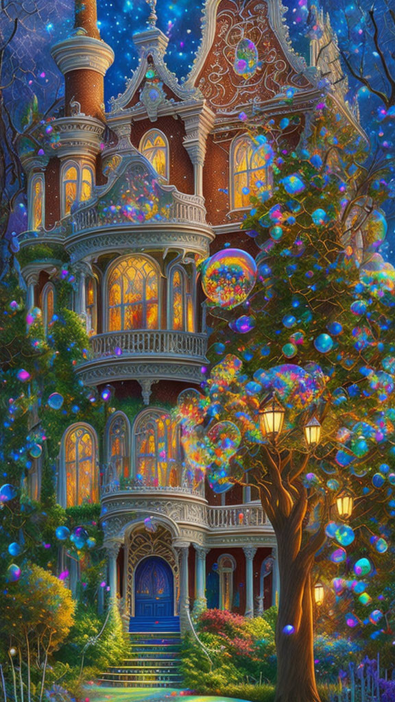Victorian house at night with glowing bubbles and lush trees