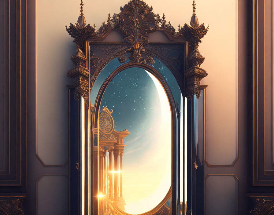Arched Mirror Reflecting Surreal Starry Sky and Sunlit Structure