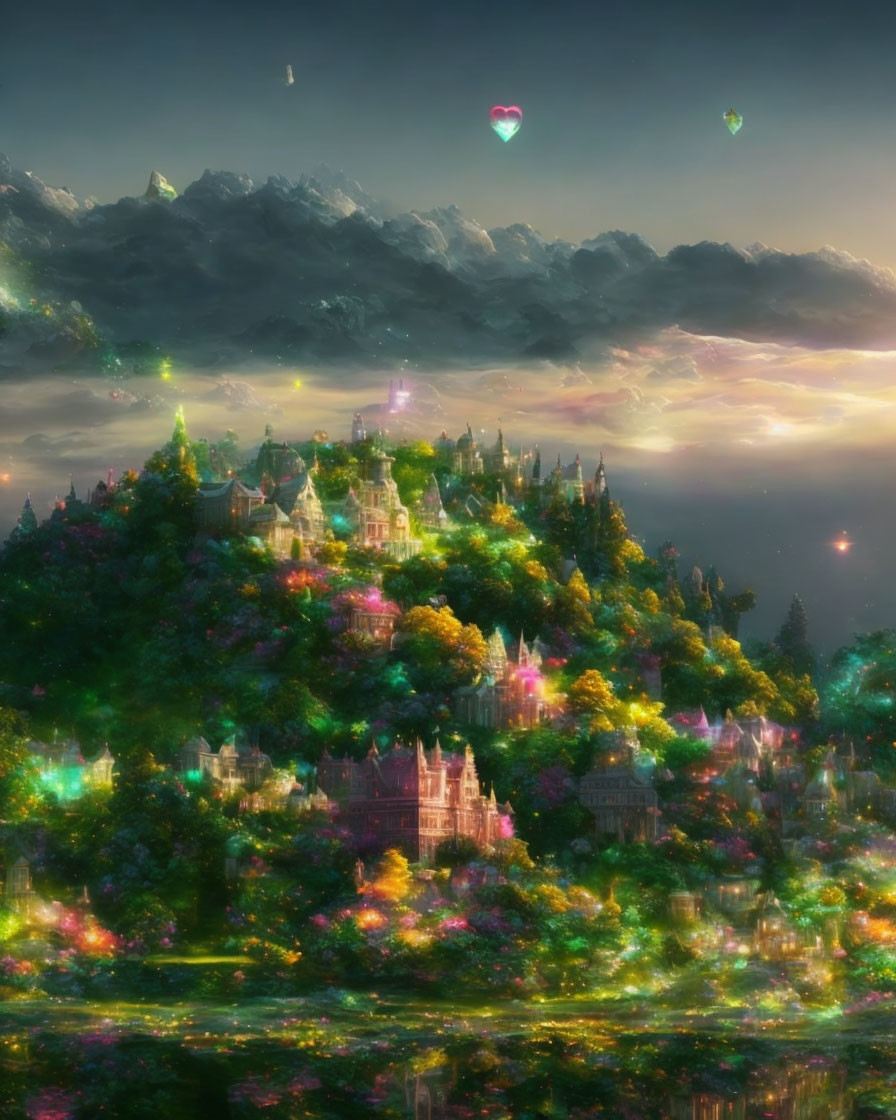 Fantastical landscape with illuminated castles, heart-shaped balloons, lush greenery, mountains, and
