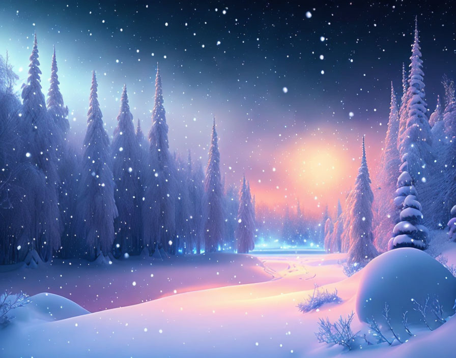 Winter forest scene with tall pines under starry sky and soft glow on horizon
