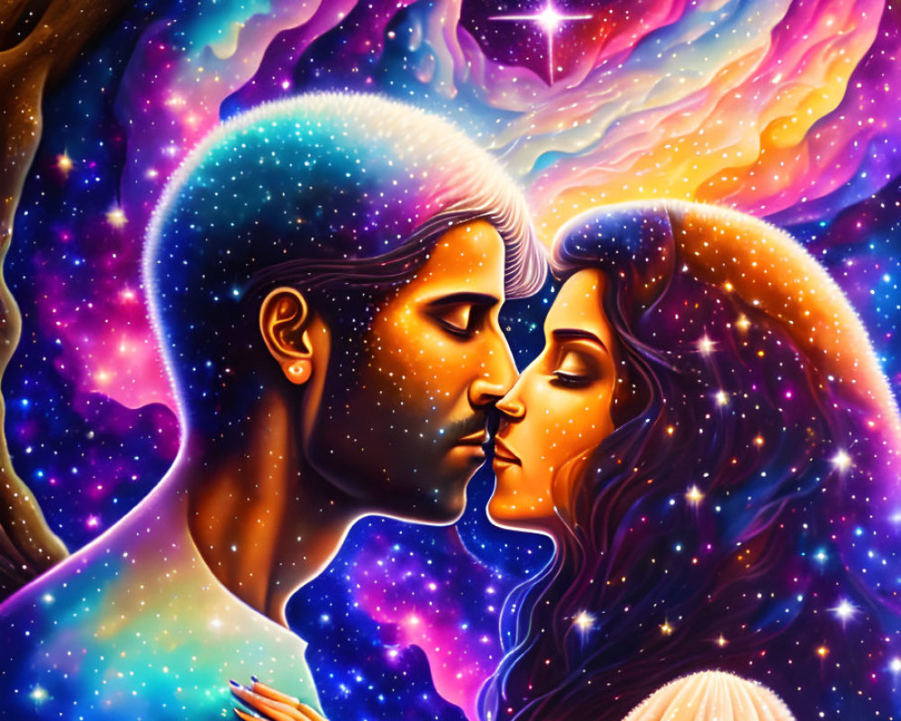 Colorful embrace of man and woman in cosmic scene