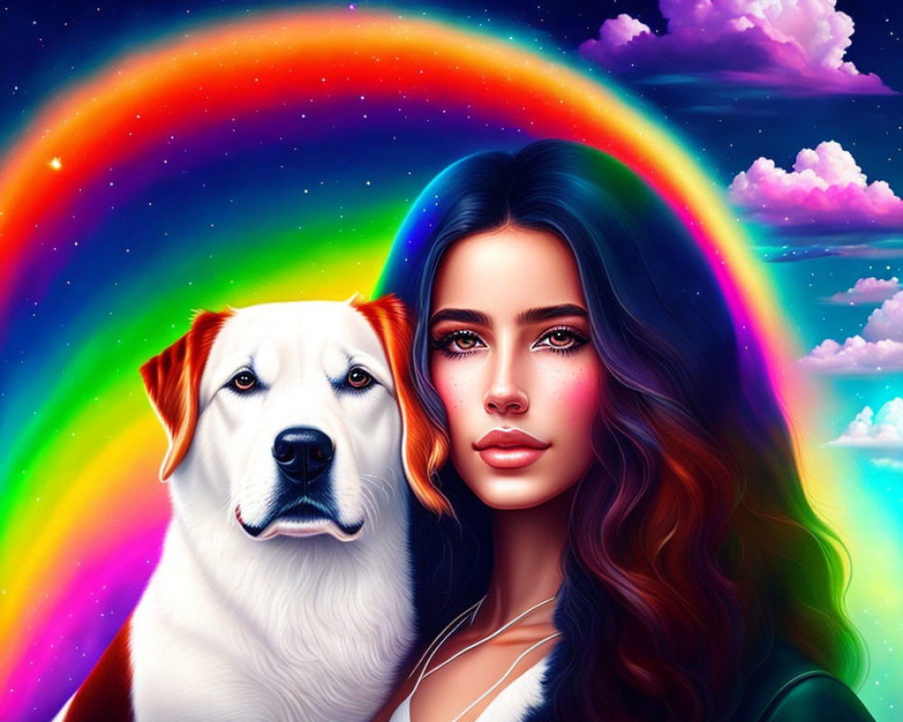 Colorful Hair Woman and Dog Under Vibrant Rainbow in Dreamy Clouds