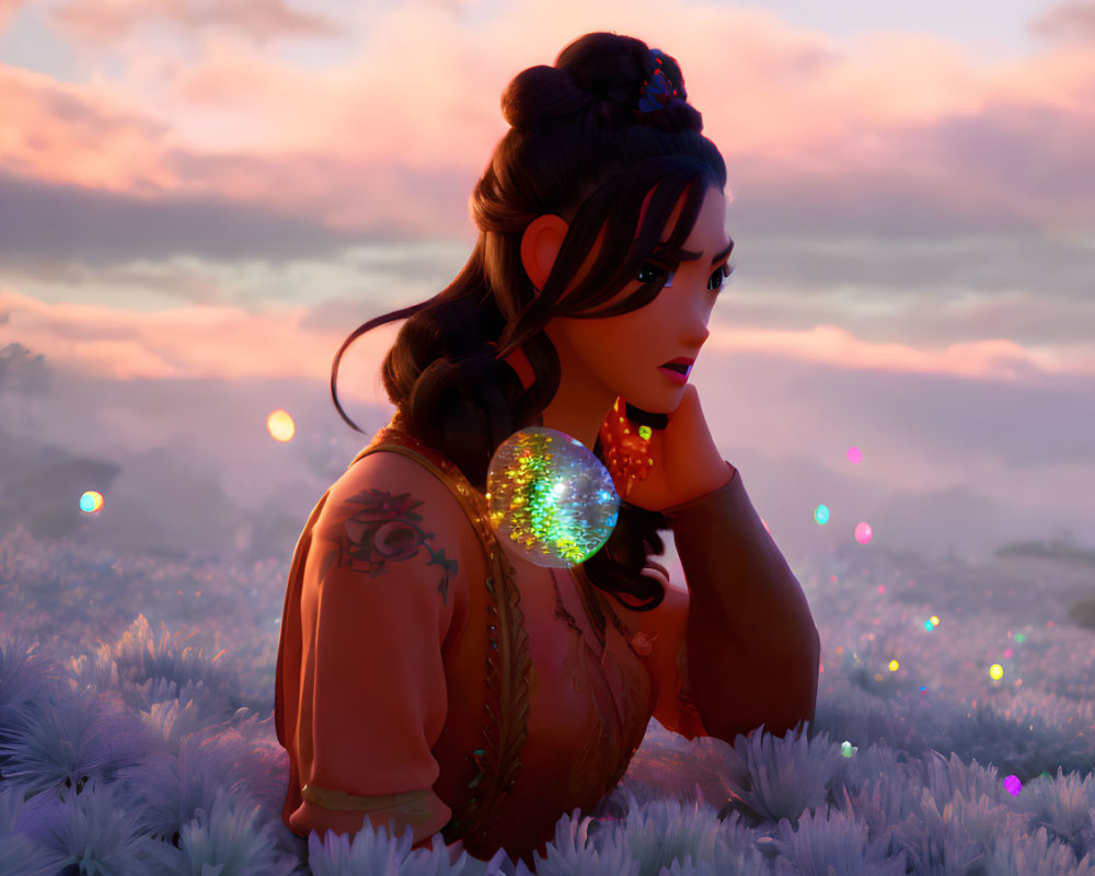 Woman in field at dusk with glowing orb and mystical flowers