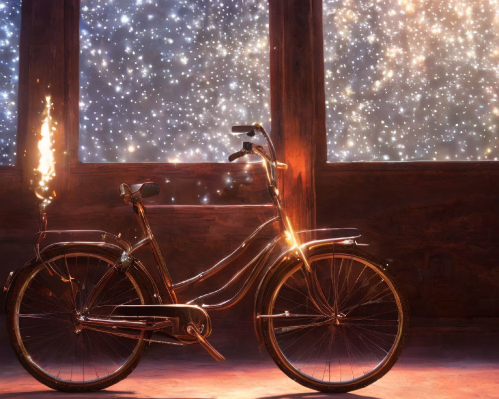 Vintage bicycle illuminated by interior light near large window at night.