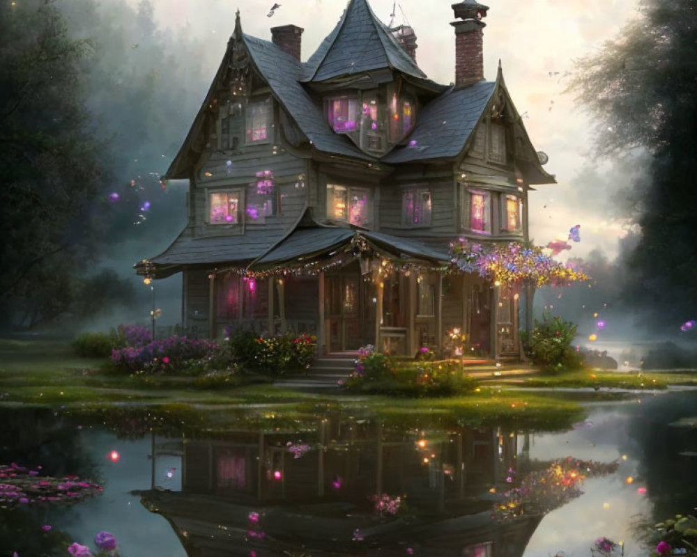 Victorian-style House Twilight Scene with Purple Lights and Pond Reflection