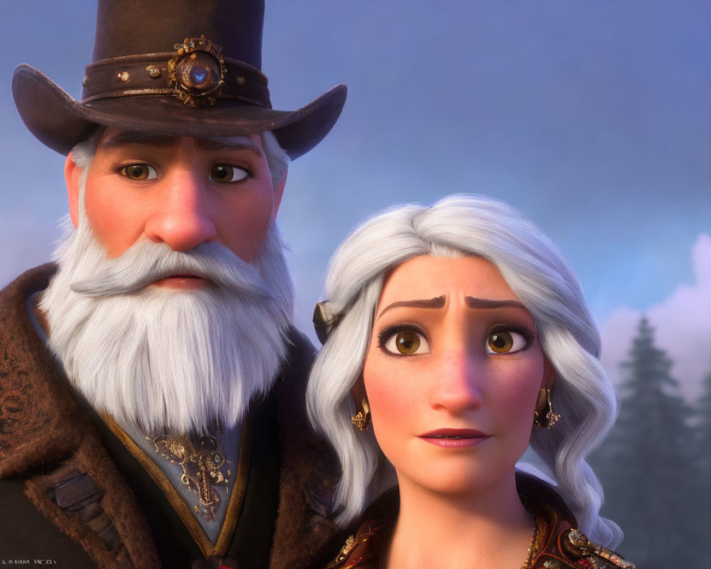 Close-Up of Animated Characters: Older Man with Top Hat and Beard, Young Woman with Gray Hair and