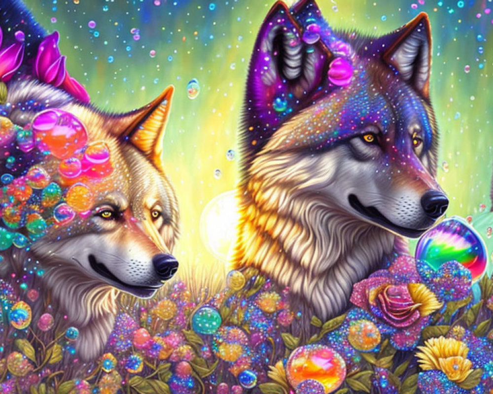 Vibrant colorful wolves in fantastical floral landscape