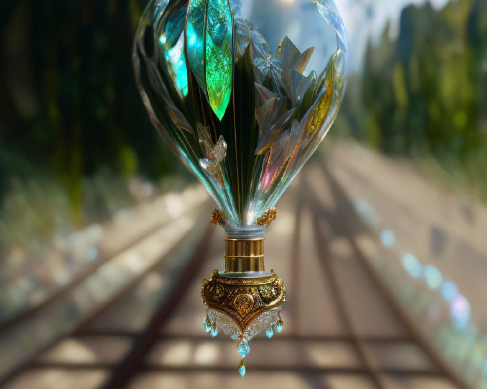 Crystal balloon with gem-like facets and golden trims above forest railway track